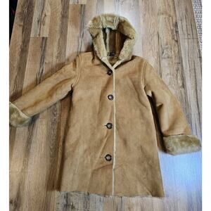 Gap Kids Faux Suede/Fur Lined Hoodie Jacket Brown Button Girls Size 5/6 EUC
